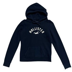 Hollister | Y2K Women's Navy Blue Pullover Hoodie with Logo